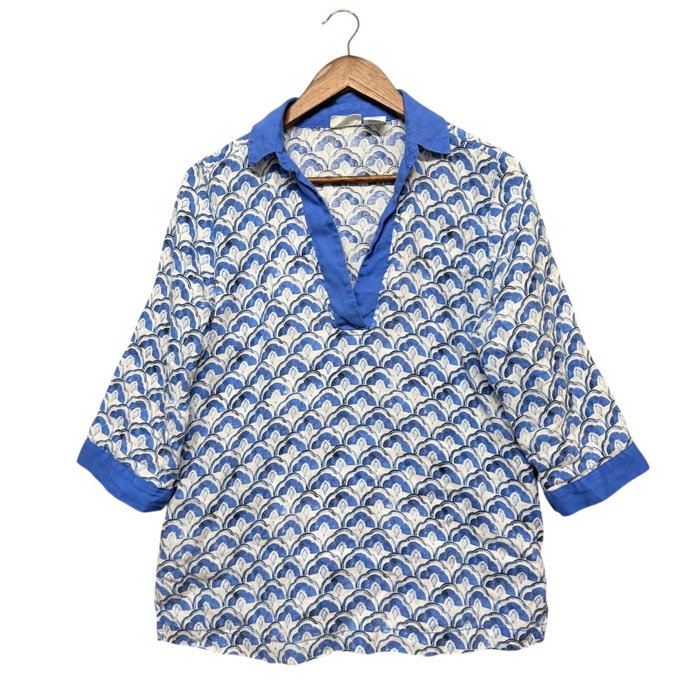 Sigrid Olsen Tunic Women S Blue White Linen Scalloped Print 3/4 Sleeve V-Neck